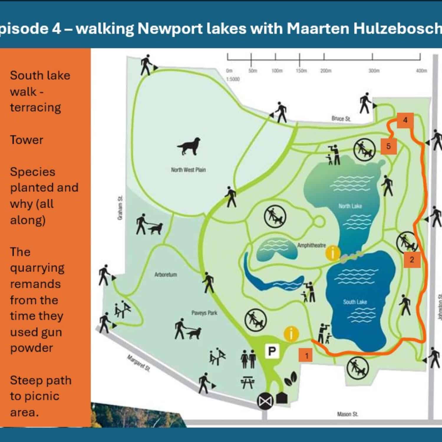 Map of Newport Lakes with walking trails, towers, and scenic spots.